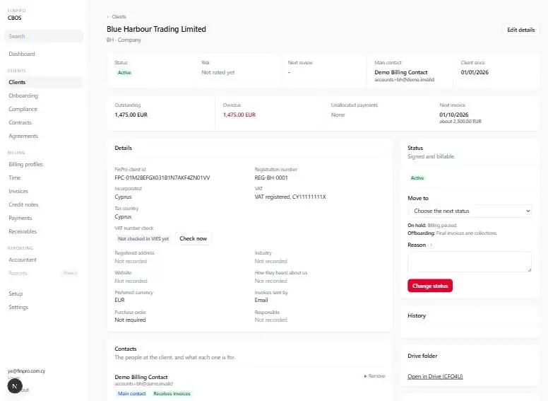 Client record showing status, outstanding and overdue balances, unmatched payments and the next invoice