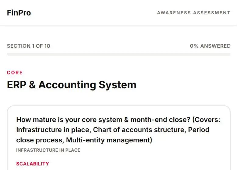 FinPro assessment screen: the ERP and accounting component, with a graded maturity question on scalability